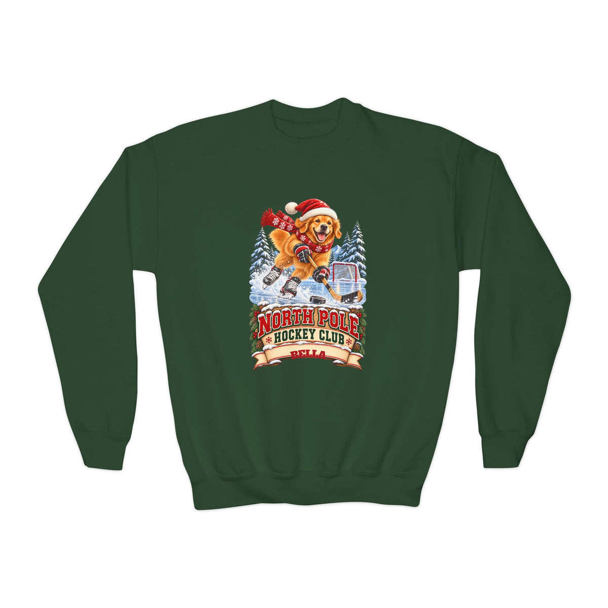 North Pole Hockey Club YOUTH – Personalized Golden Retriever Christmas Sweatshirt for Kids