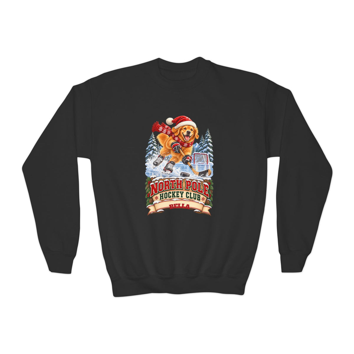 North Pole Hockey Club YOUTH – Personalized Golden Retriever Christmas Sweatshirt for Kids