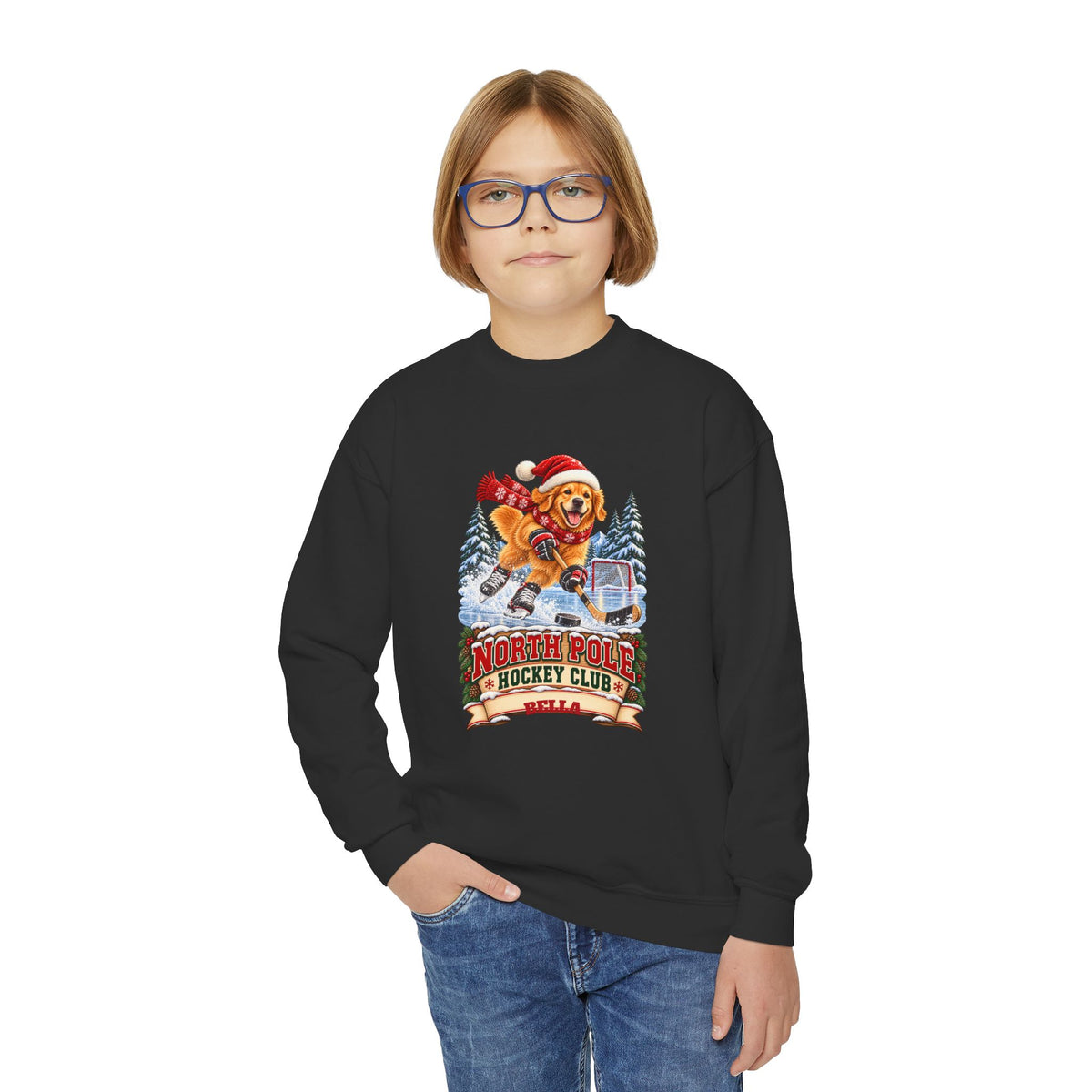 North Pole Hockey Club YOUTH – Personalized Golden Retriever Christmas Sweatshirt for Kids