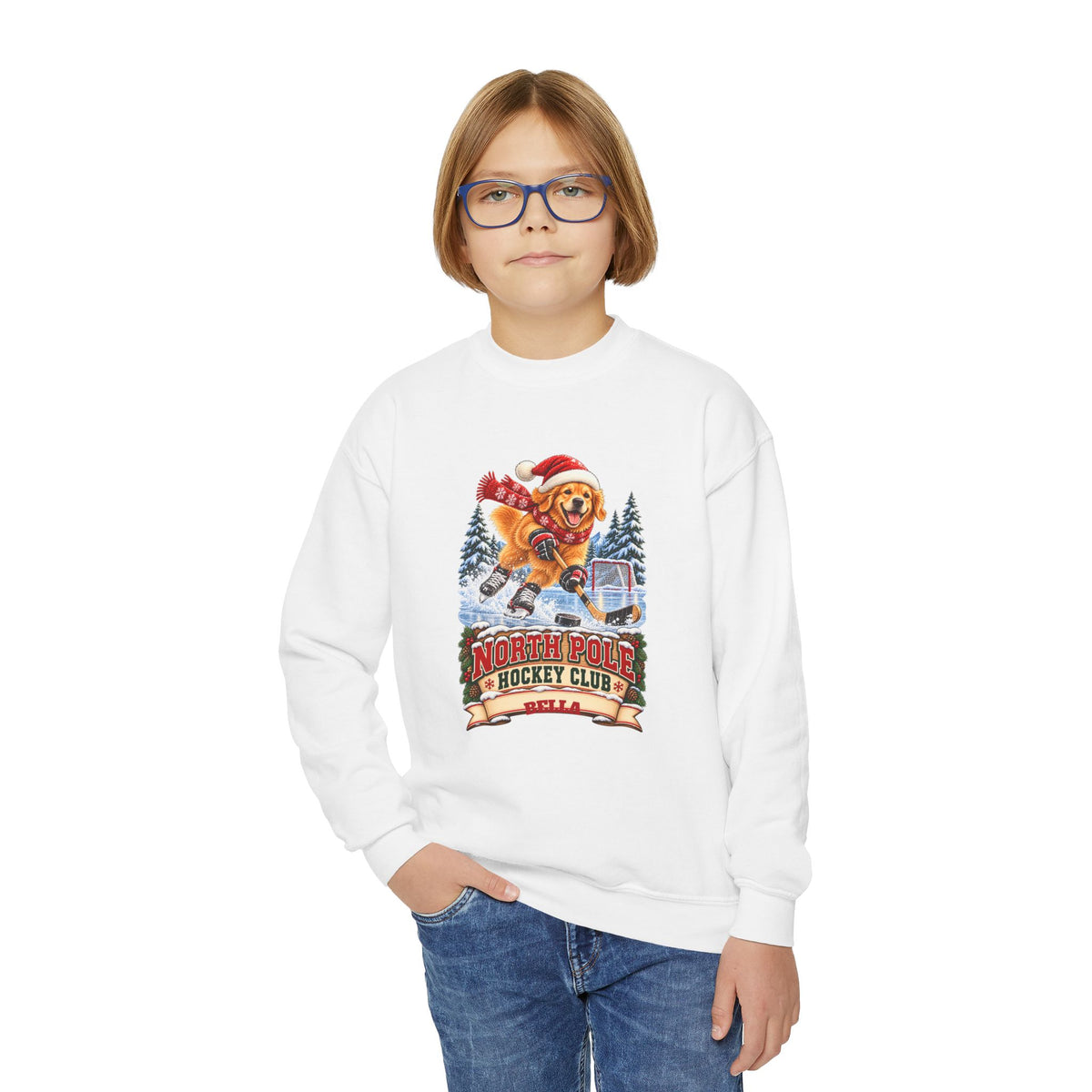 North Pole Hockey Club YOUTH – Personalized Golden Retriever Christmas Sweatshirt for Kids
