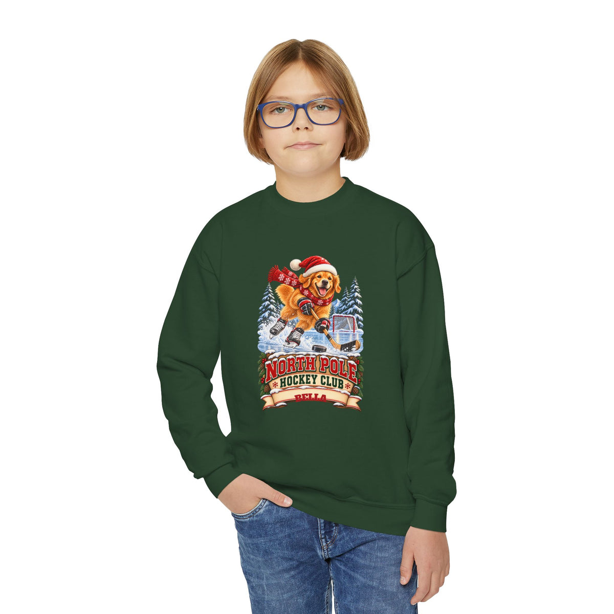North Pole Hockey Club YOUTH – Personalized Golden Retriever Christmas Sweatshirt for Kids
