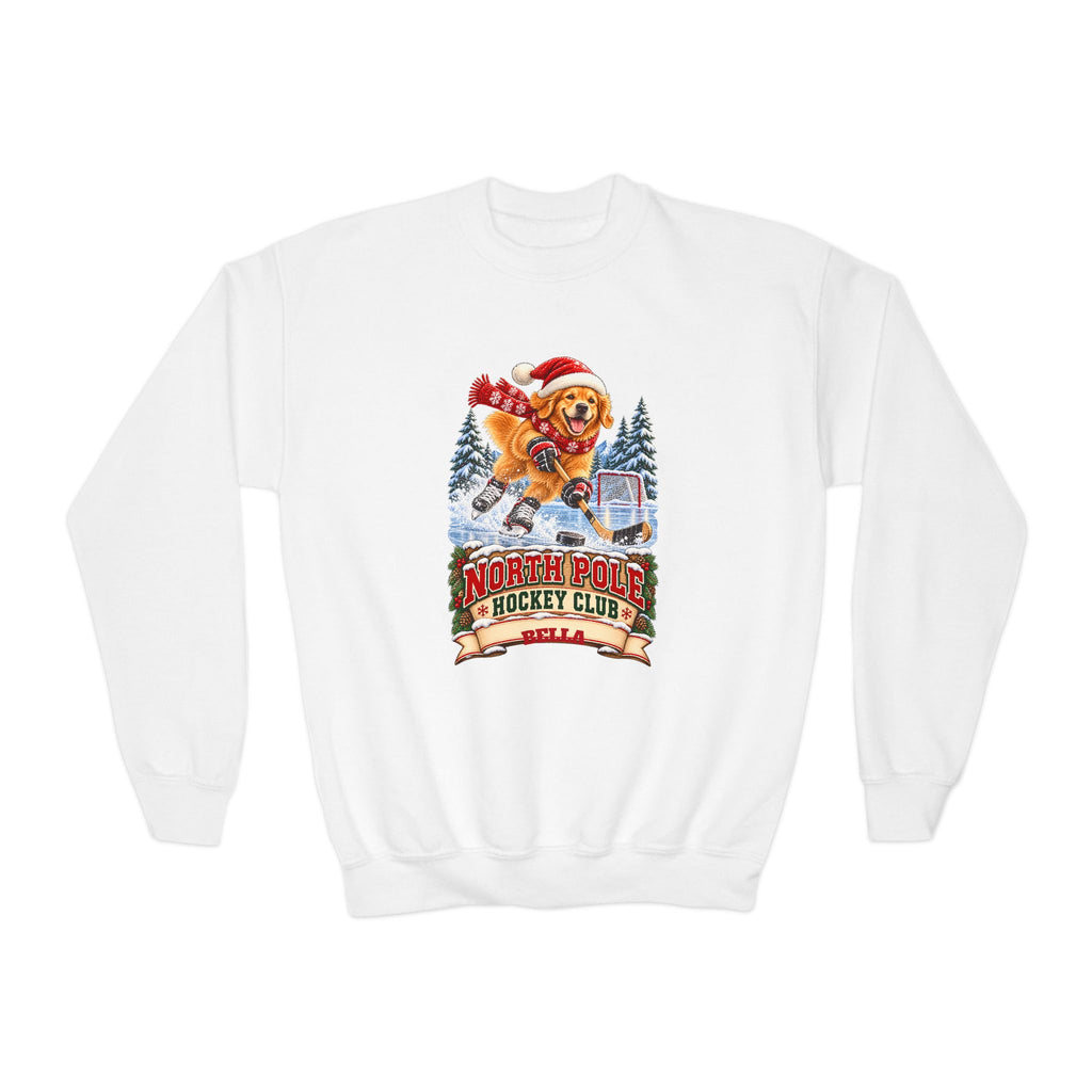 North Pole Hockey Club YOUTH – Personalized Golden Retriever Christmas Sweatshirt for Kids