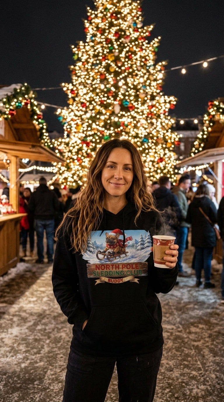 North Pole Sledding Club – Personalized French Bulldog Christmas Hoodie