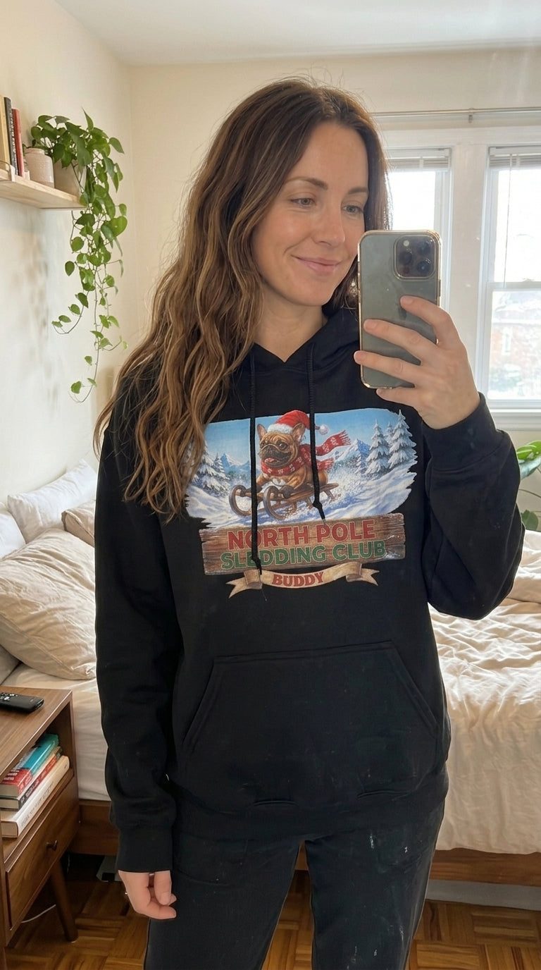 North Pole Sledding Club – Personalized French Bulldog Christmas Hoodie