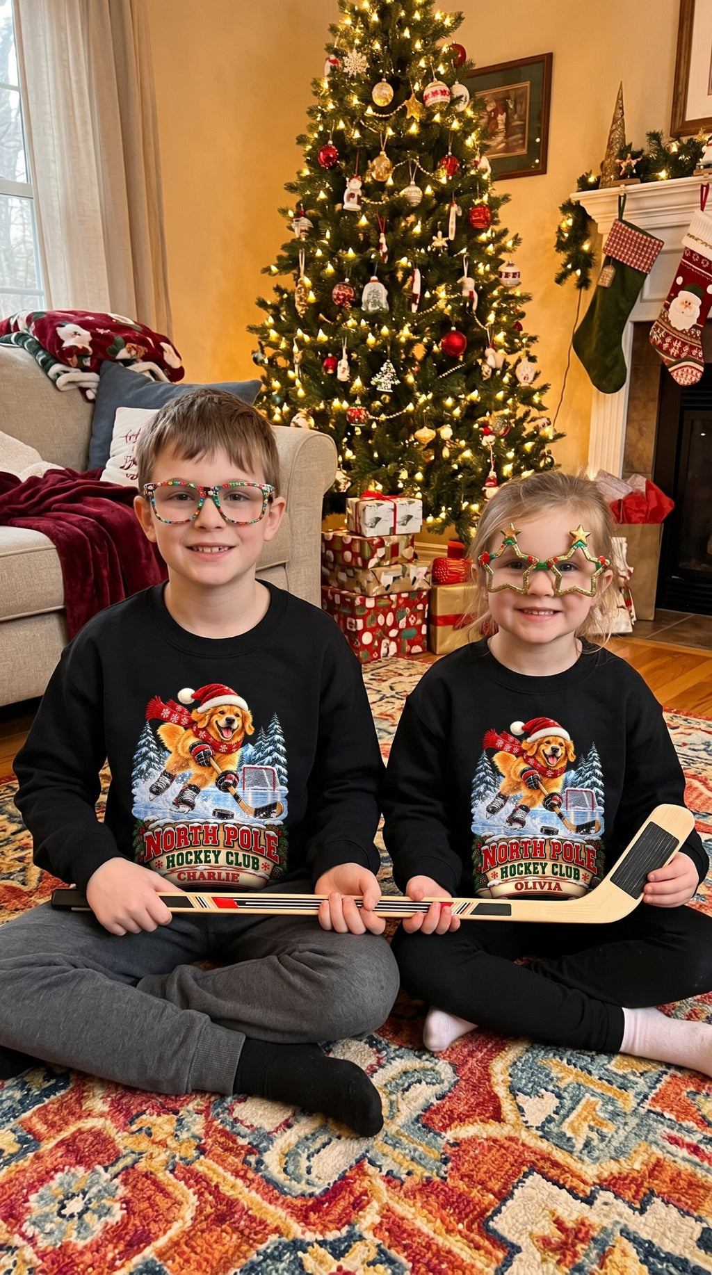 North Pole Hockey Club YOUTH – Personalized Golden Retriever Christmas Sweatshirt for Kids