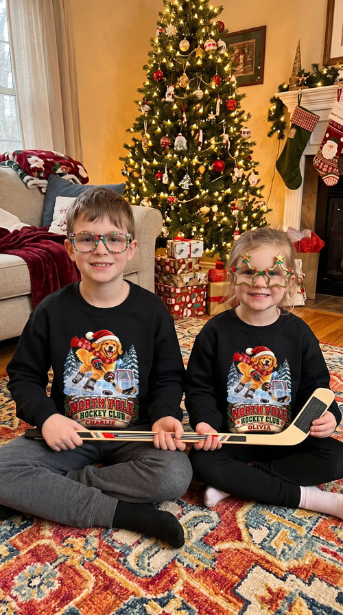 North Pole Hockey Club YOUTH – Personalized Golden Retriever Christmas Sweatshirt for Kids